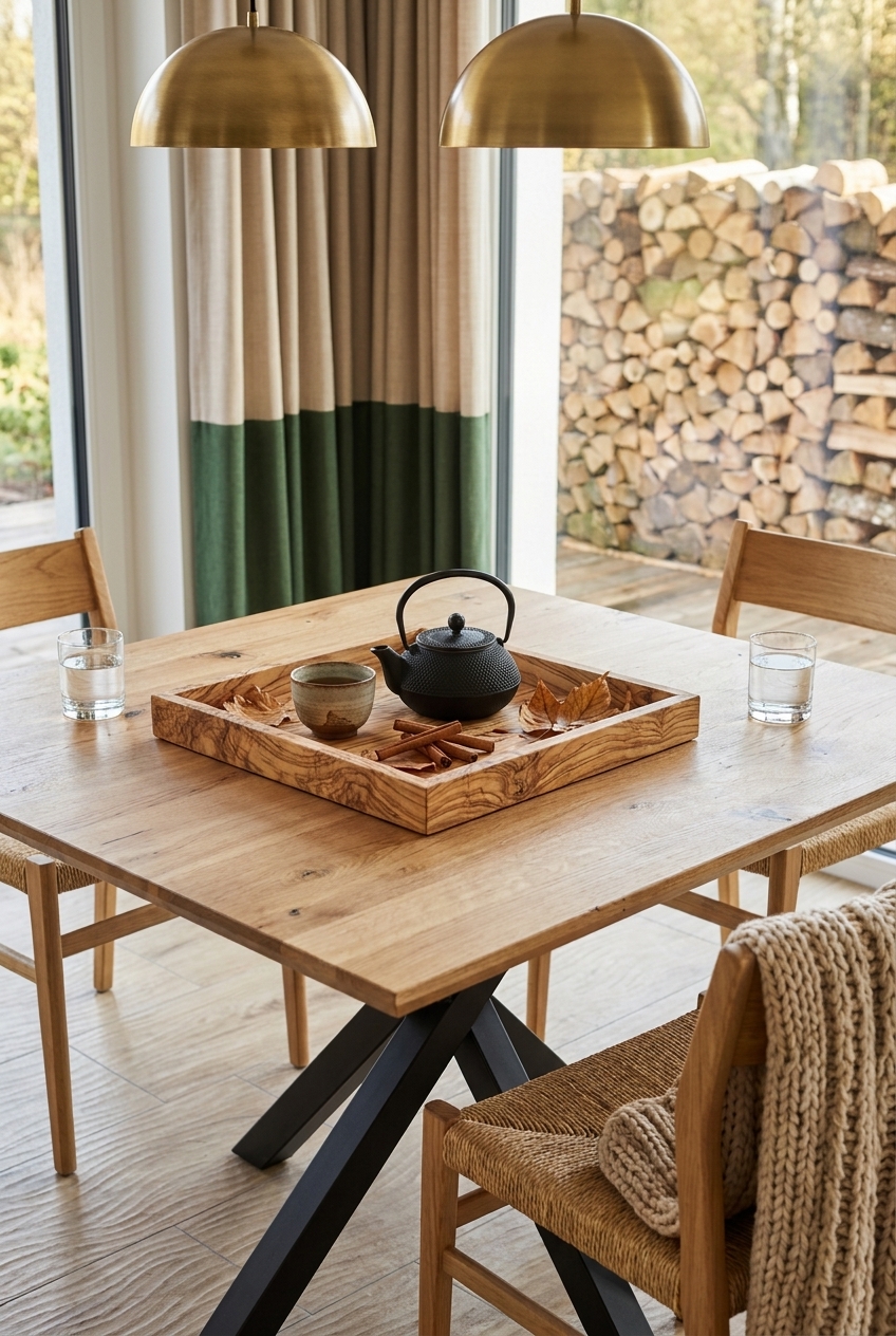 Schwarze Teekanne, Tasse, Zimtstangen und Herbstblätter auf quadratischem Holztablett auf Esstisch Piemonte