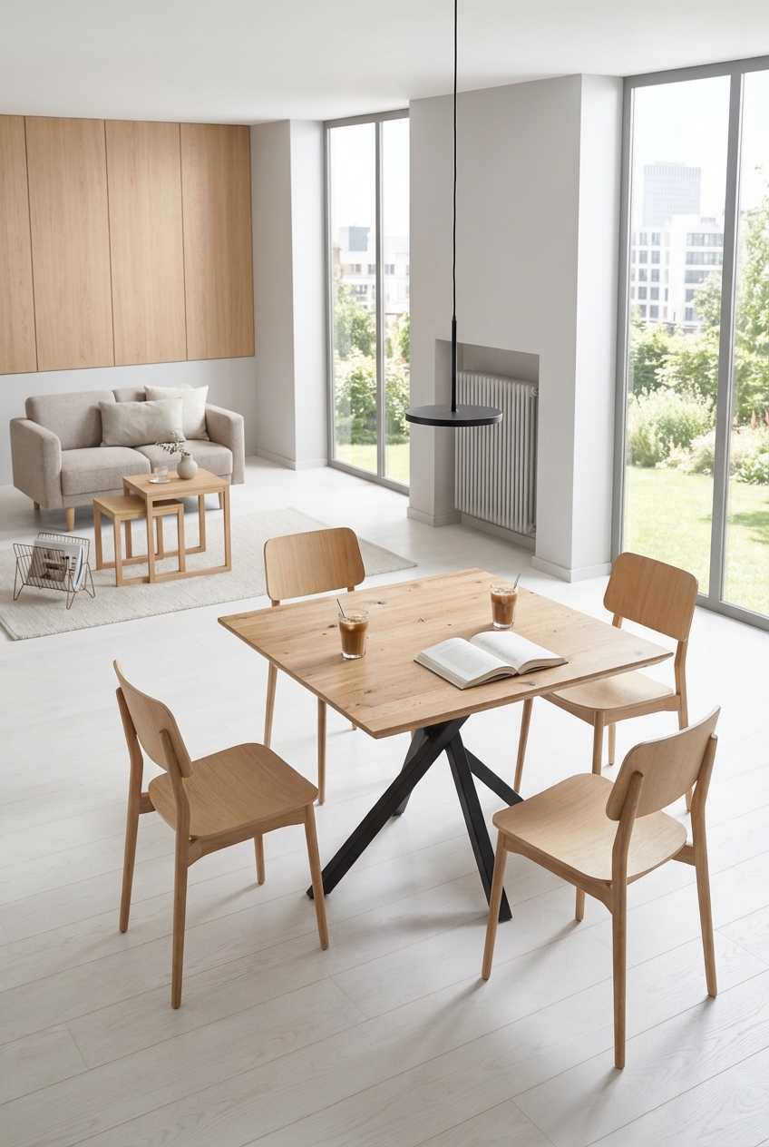 Warmes Holz in Möbeln vereint Wohn- und Essbereich im kleinen Raum.