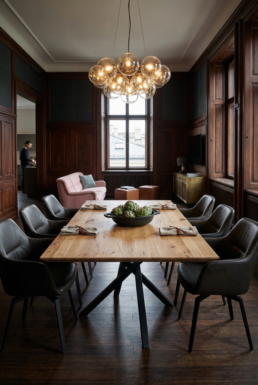 Leinenservietten und Tischläufer auf einem quadratischen Esstisch aus Wildeiche schaffen einen harmonischen Vintage-Look.