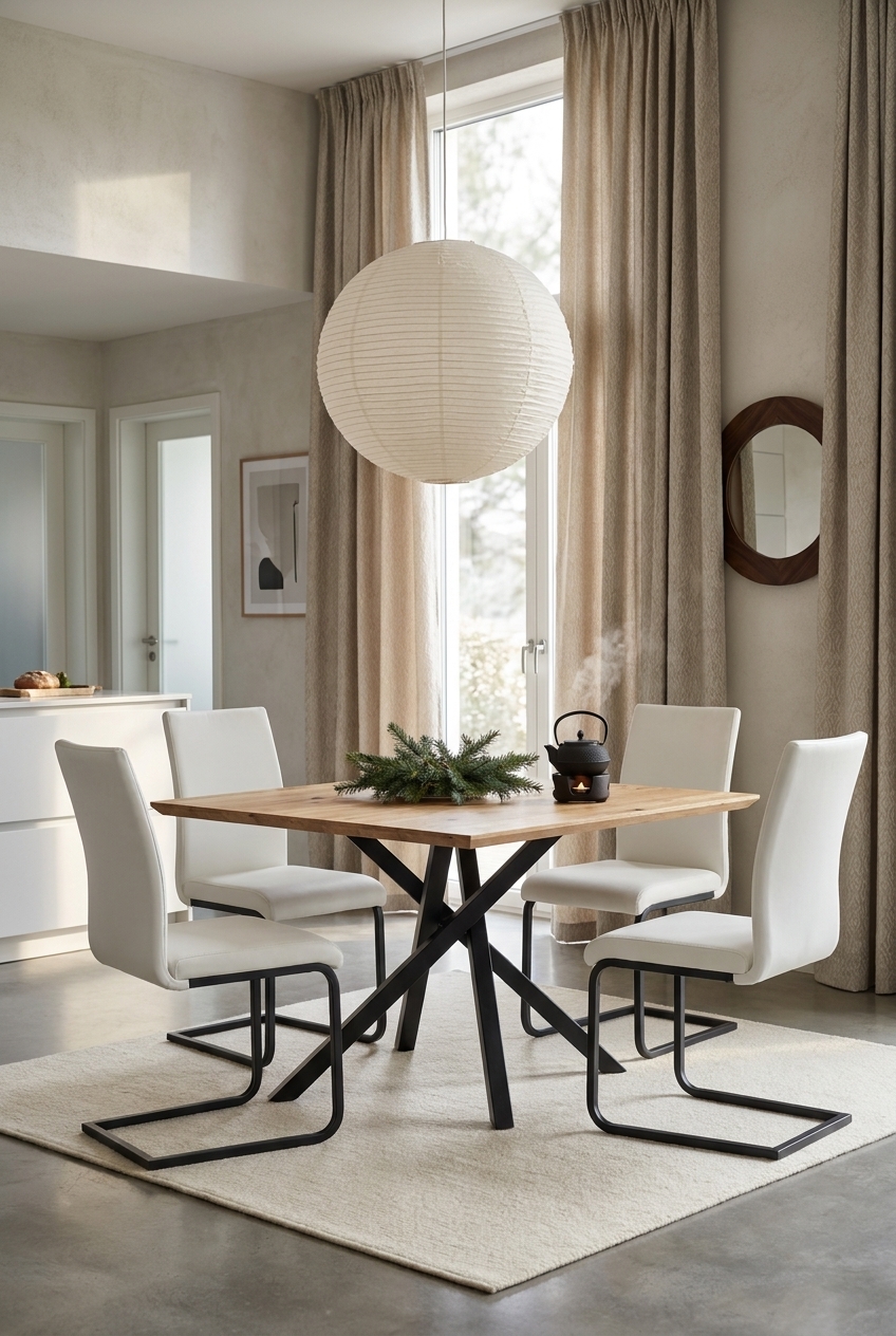 Leichte Leinenvorhänge harmonieren mit dem quadratischen Esstisch Piemonte aus Wildeiche im Landhausstil