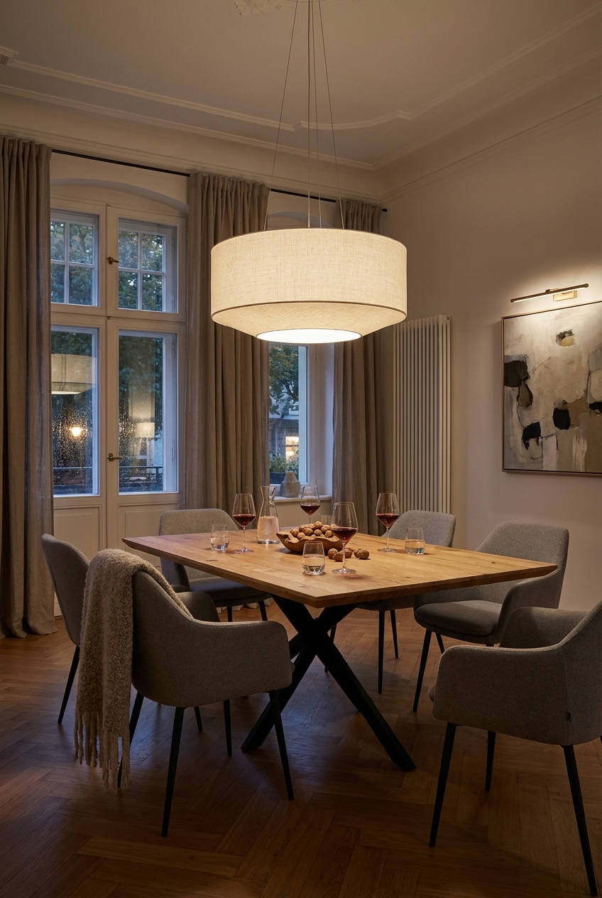 Bilderleuchte neben dem massiven Esstisch Piemonte aus Wildeiche betont die Tischmitte.
