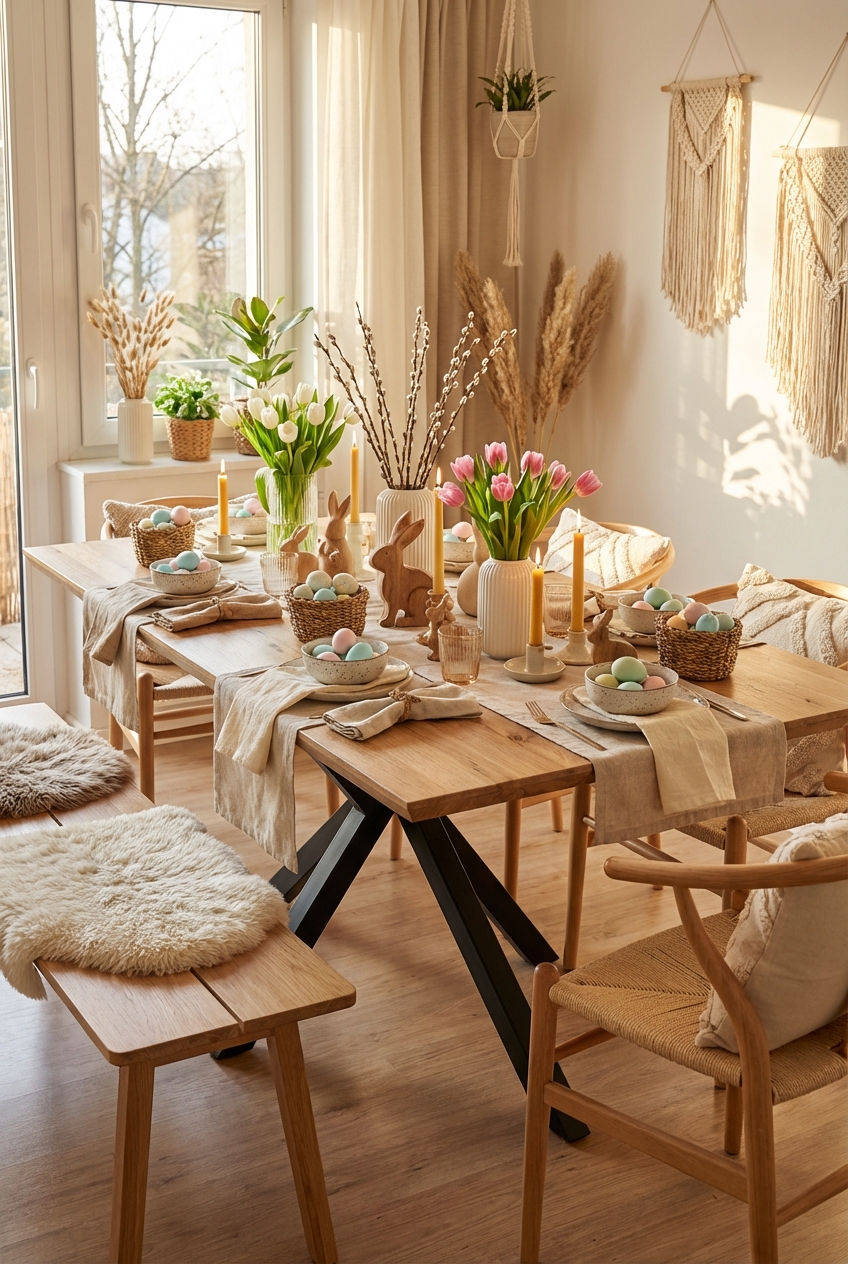 Kleine Vasen mit Blumen auf dem quadratischen Esstisch Piemonte aus Wildeiche sorgen für eine luftige Tischdeko zu Ostern