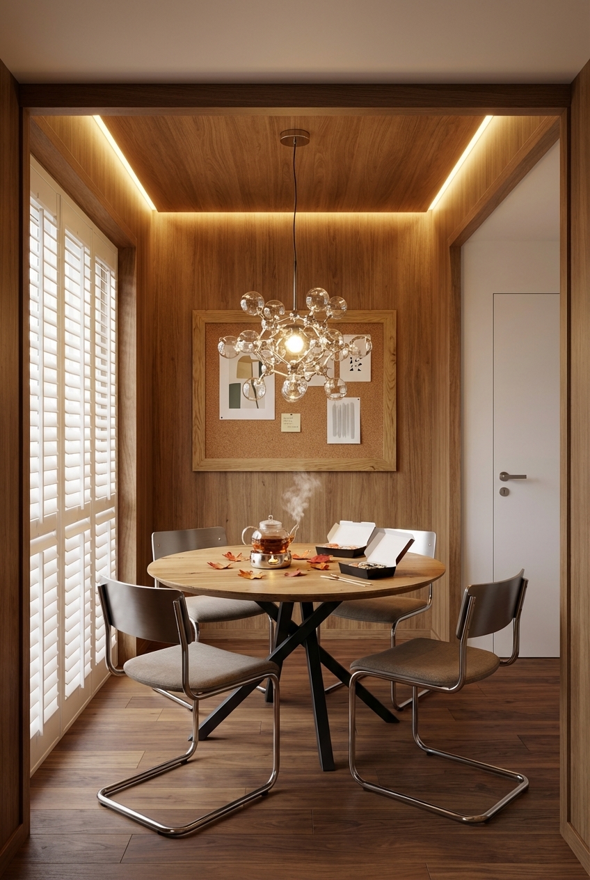 Essplatz mit rundem Piemonte Tisch aus Wildeiche in holzverkleideter Nische