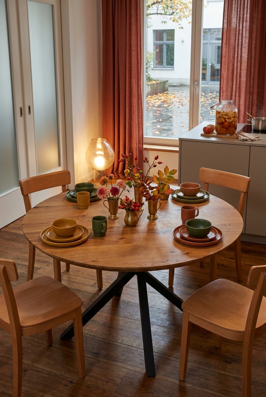 Kleine Metallvasen mit rosa Herbstblumen, Hagebutten und Blättern auf rundem Esstisch Piemonte