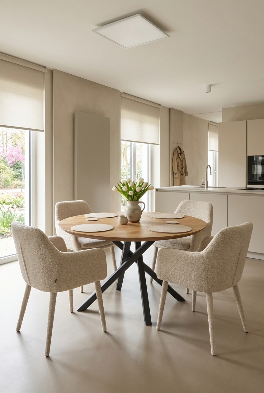 Esszimmer mit Bouclé-Polsterstühlen und rundem Esstisch aus Piemonte Wildeiche