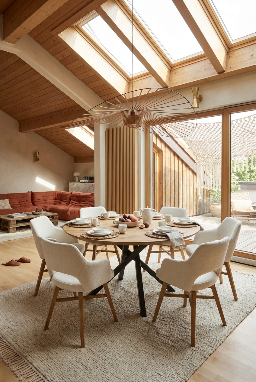 Geflochtene Platzsets aus Seegras auf einem runden Esstisch aus Wildeiche verstärken den natürlichen Look