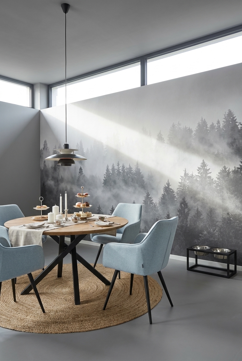 Esszimmer mit gemusterter Tapete, Tageslicht und rundem Piemonte Esstisch aus Wildeiche