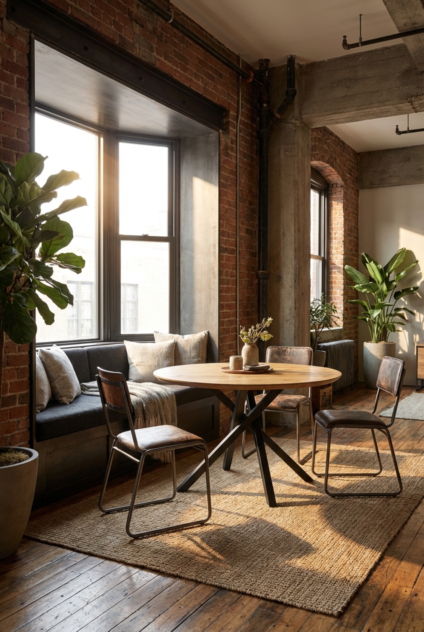 Esszimmer mit Sitzfenster und großflächigem Naturteppich zur zonalen Abgrenzung