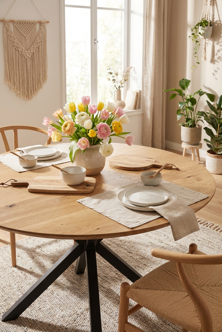 Platzteller aus hellem Holz auf Rundtisch Piemonte, umgeben von Keramiktellern