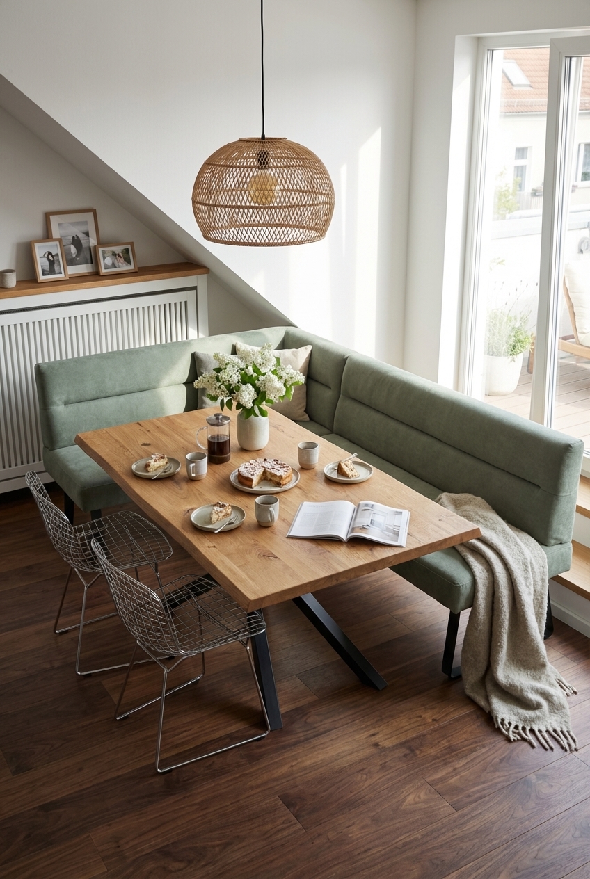 Eckbank unter der Dachschräge schafft eine gemütliche Nische im Esszimmer