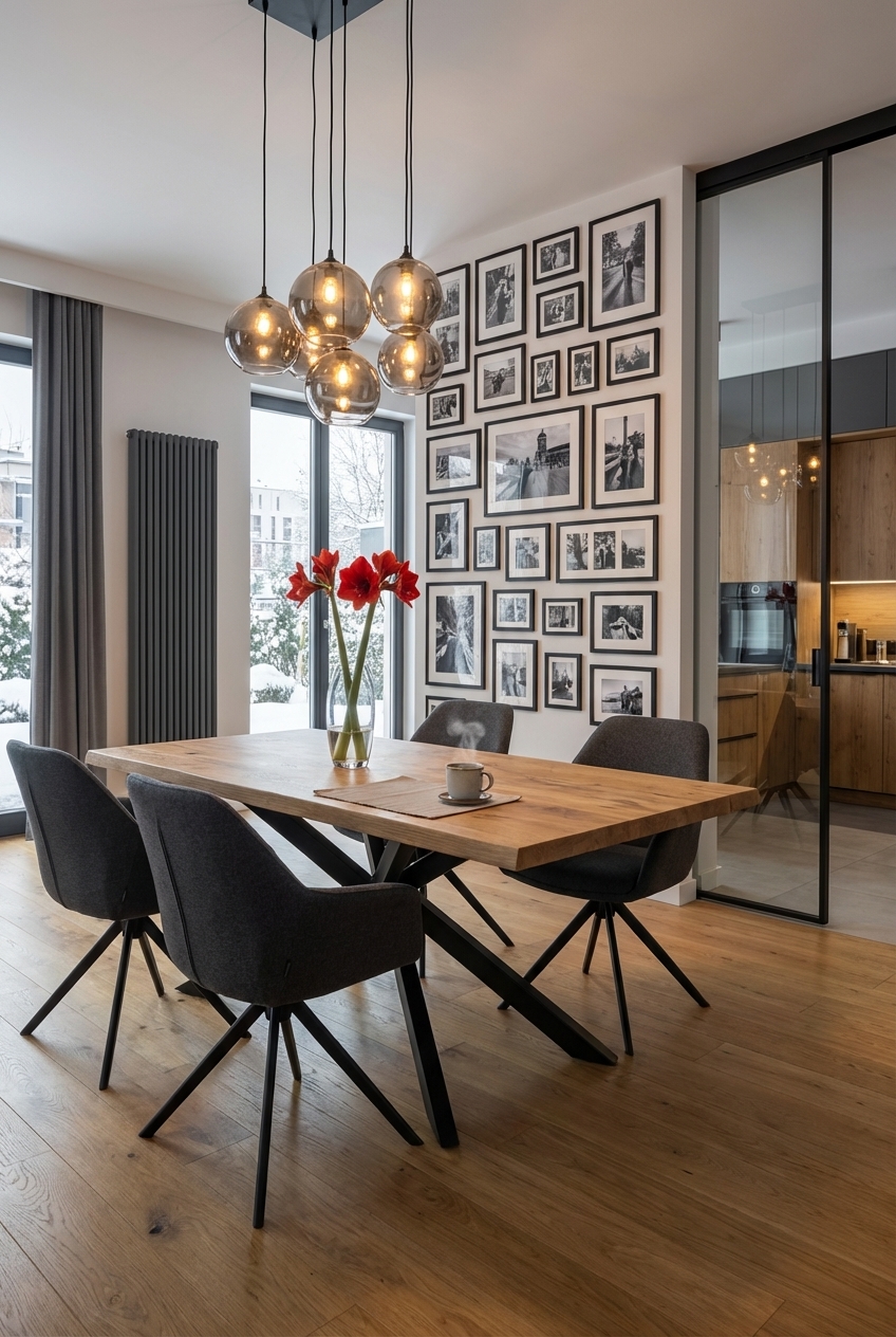 Essbereich mit raumhoher Glastrennwand und dem Esstisch Piemonte aus Eiche, der Tiefe schafft.