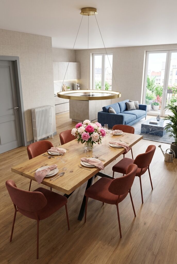 Esszimmer in Beige mit Terrakotta-Rosé-Stühlen und Eiche-Tisch Piemonte