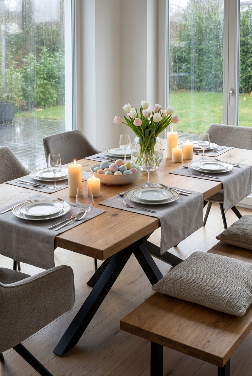 Gestapelte Teller in verschiedenen Größen sorgen für festliche Struktur auf dem Esstisch Piemonte aus Eiche