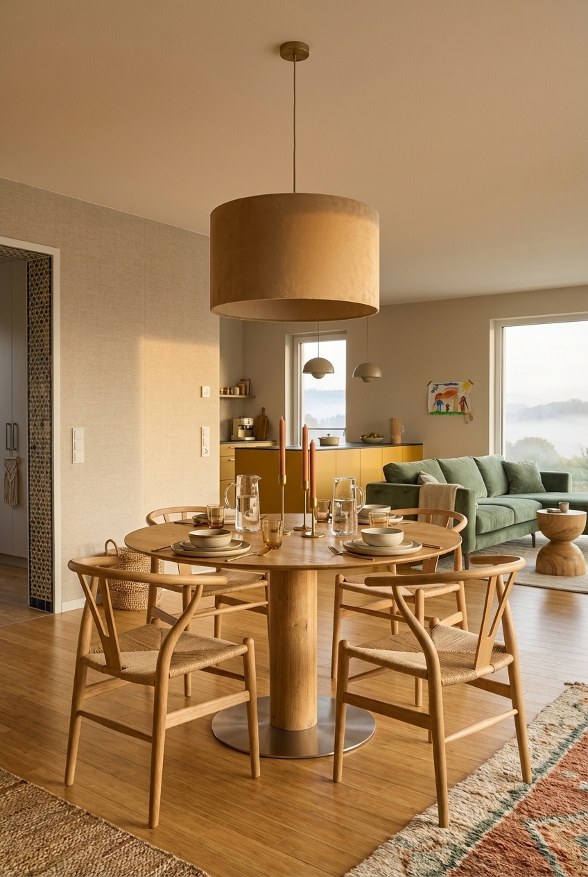 Pendelleuchte mit Stoffschirm erzeugt warmes Licht über dem runden Esstisch Sala aus Eiche