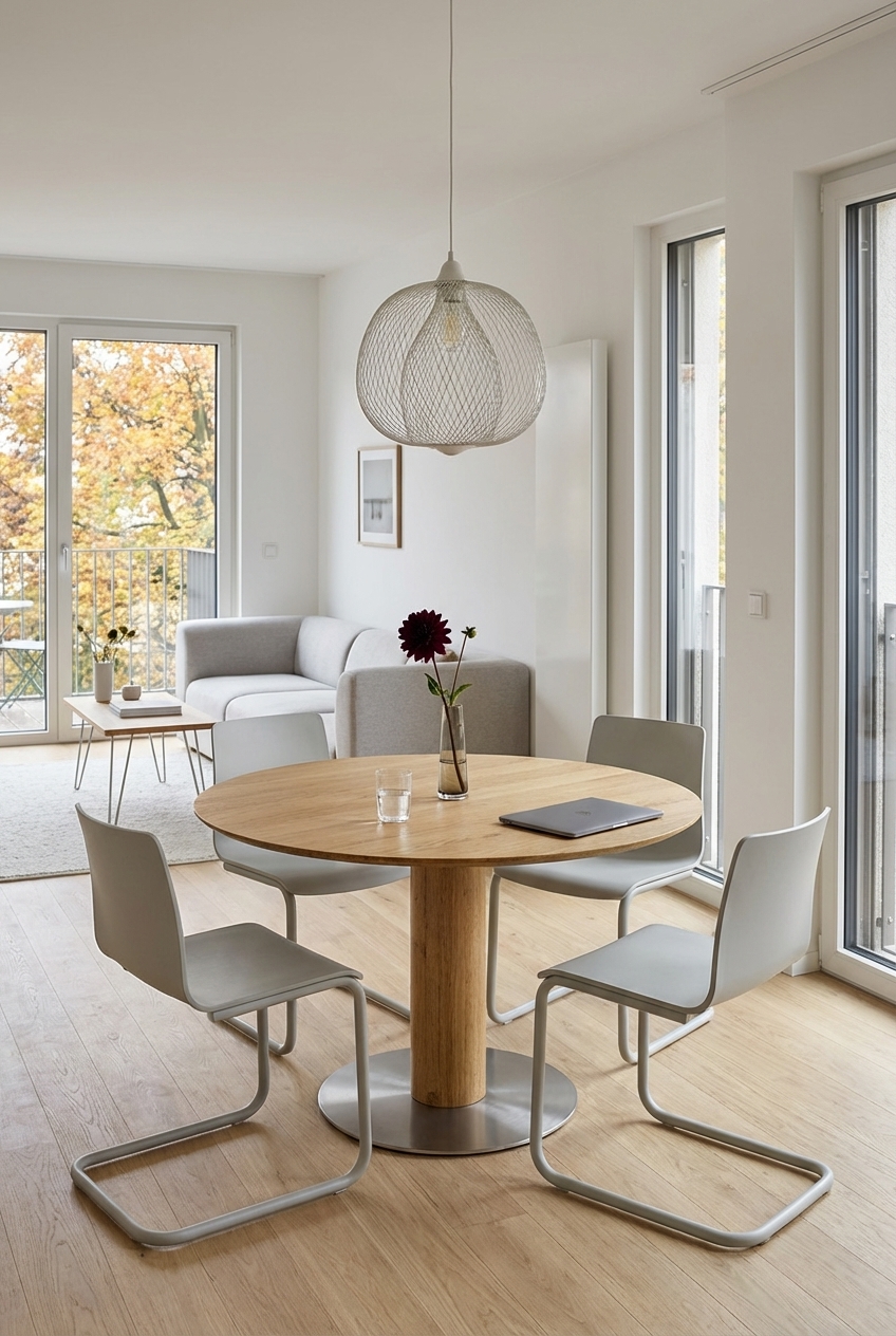 Runder Esstisch Sala aus Eiche mit zentraler Säulenbasis für mehr Bewegungsfreiheit