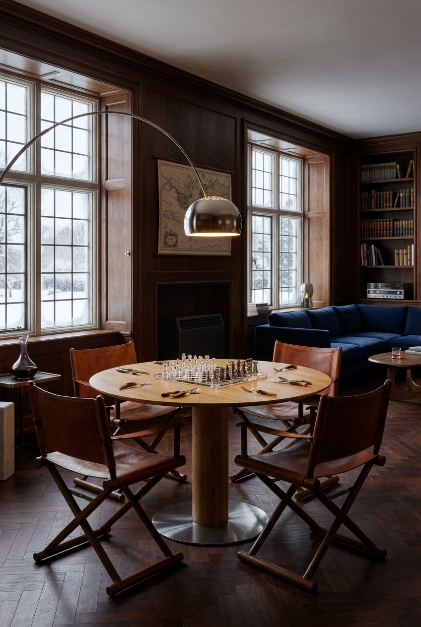 Vintage Esszimmer mit Lederklappstühlen und dem runden Esstisch Sala aus Eiche