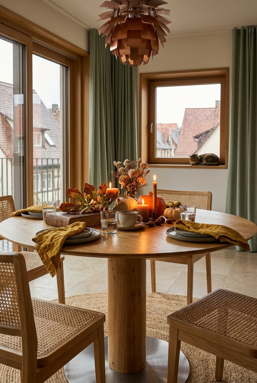 Esstisch Sala rund: Ein kompaktes Arrangement aus Kürbissen und Zweigen