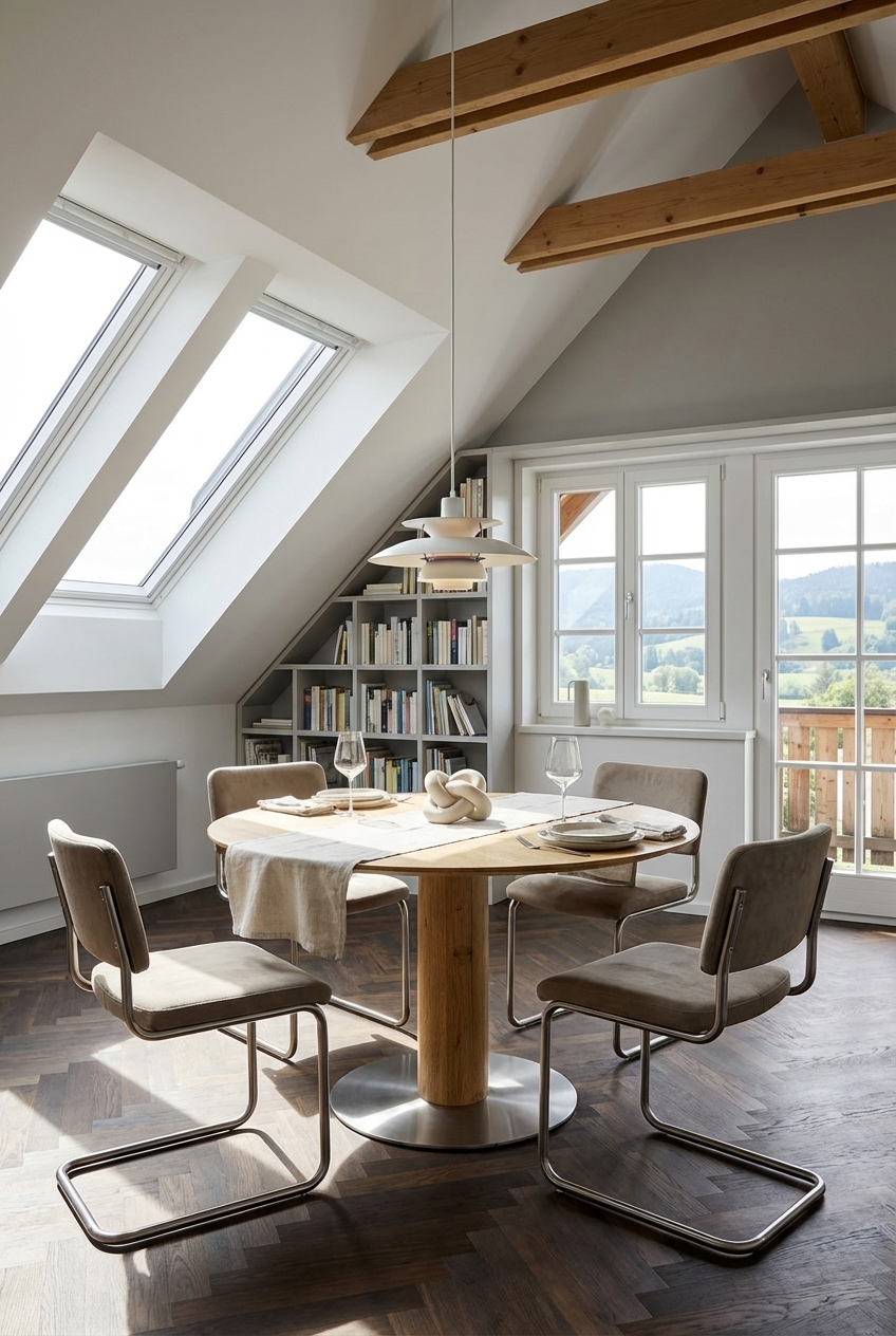 Essplatz unter der Dachschräge mit Esstisch rund Sala aus Eiche, optimal an der Giebelwand platziert