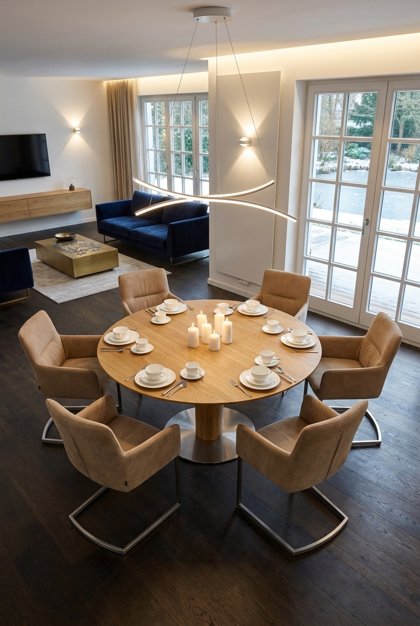 Runder Esstisch Sala aus Eiche in der Mitte des Raumes platziert
