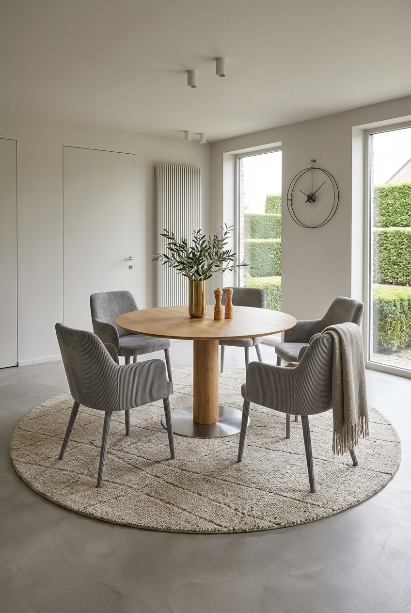 Runder Teppich umrahmt den Esstisch Sala aus Eiche und definiert den Essbereich
