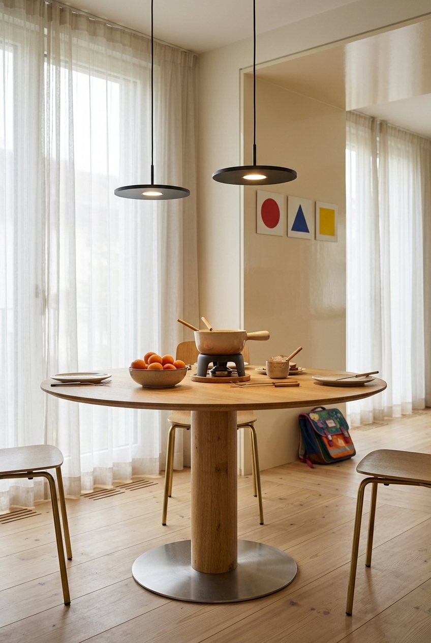 Runder Esstisch Sala aus Eiche mit farbiger Deko an der hellen Rückwand