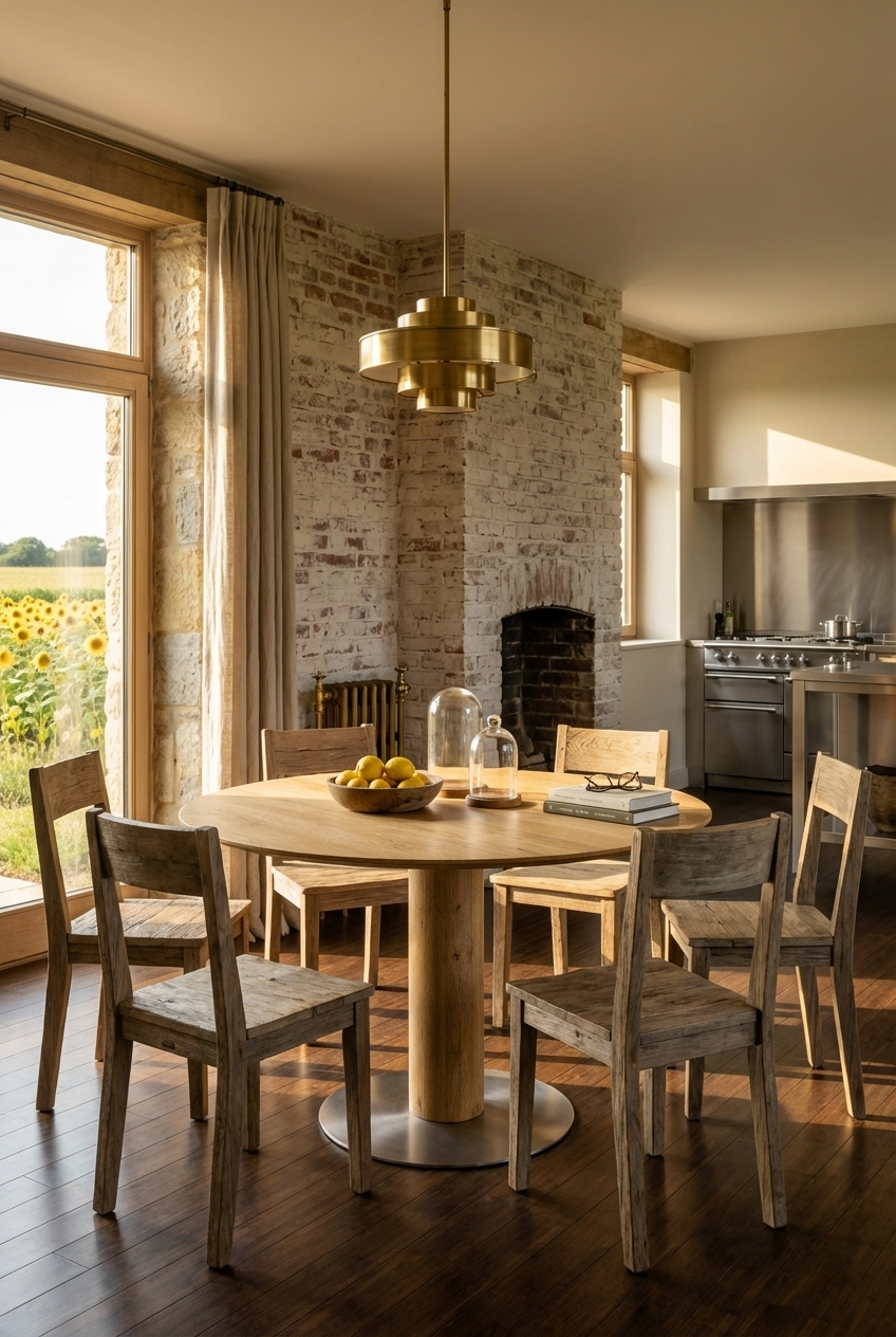 Esszimmer mit rundem Esstisch Sala aus Eiche und Stühlen in verschiedenen Holztönen