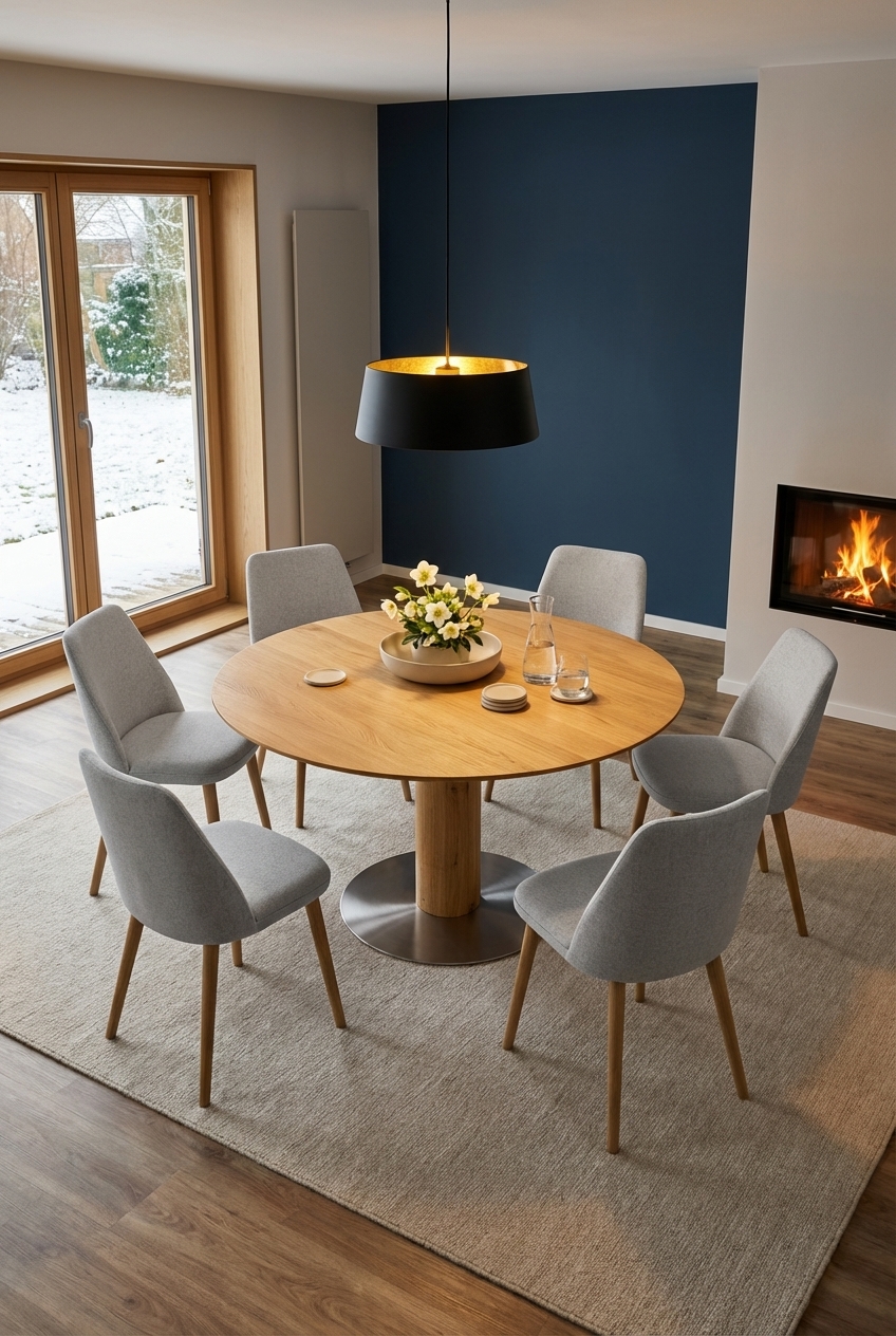 Runder Esstisch aus Eiche vor einer dunkelblauen Akzentwand im Essbereich