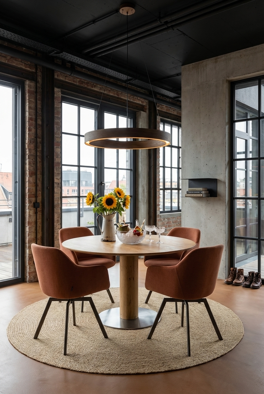 Eleganter runder Esstisch Sala aus Eiche schafft eine einladende Mitte im industriellen Esszimmer