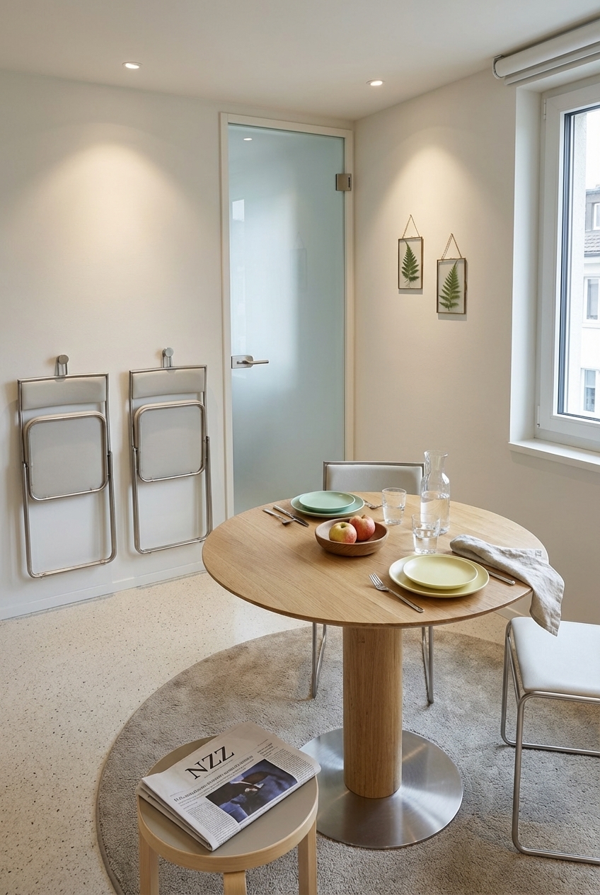 Kleines Esszimmer mit rundem Eiche-Tisch Sala und Klappstühlen, die an der Wand hängen