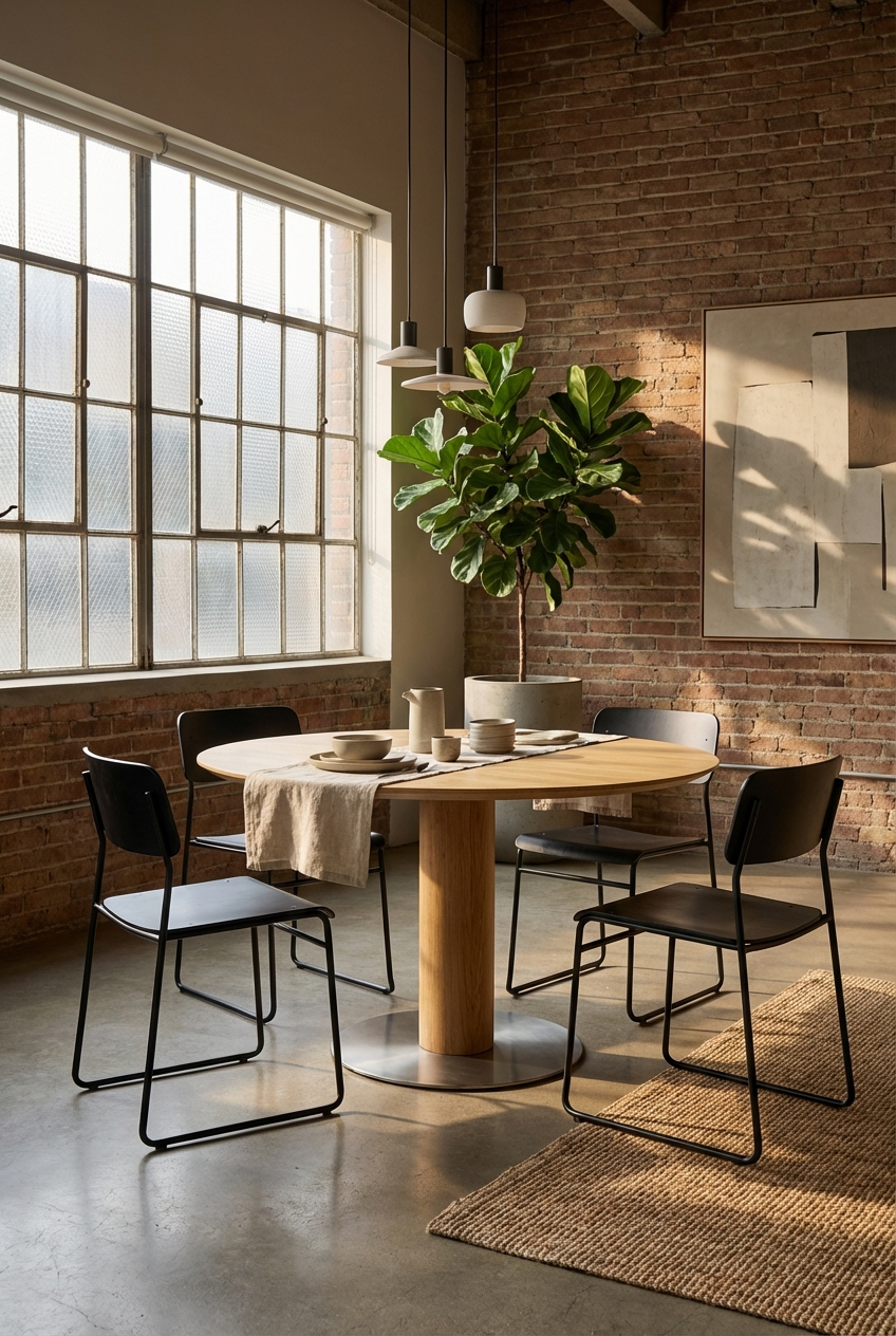Modernes Esszimmer mit rundem Eichetisch und grünen Pflanzen für eine einladende Atmosphäre