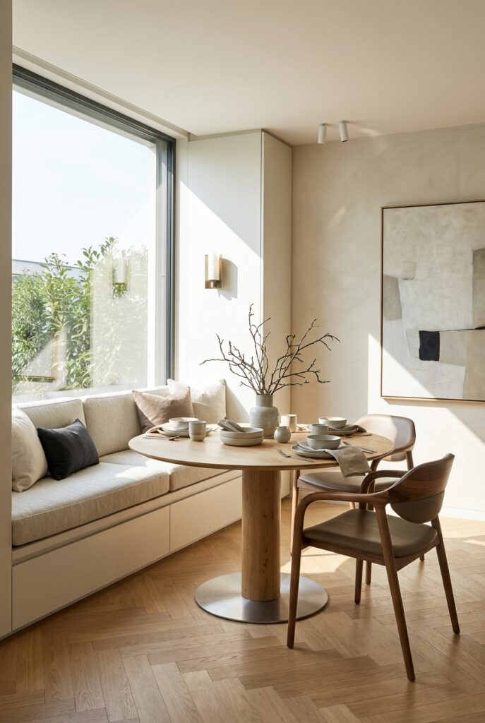Esszimmer mit Sitzfenster: Polsterkante bündig mit Tischplatte für harmonisches Design