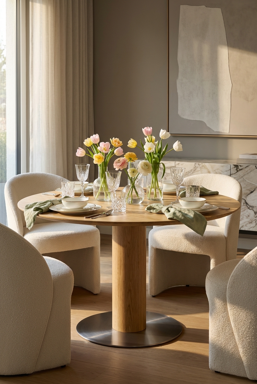 Symmetrisch angeordnete Gedecke um einen runden Esstisch aus Eiche im Frühling