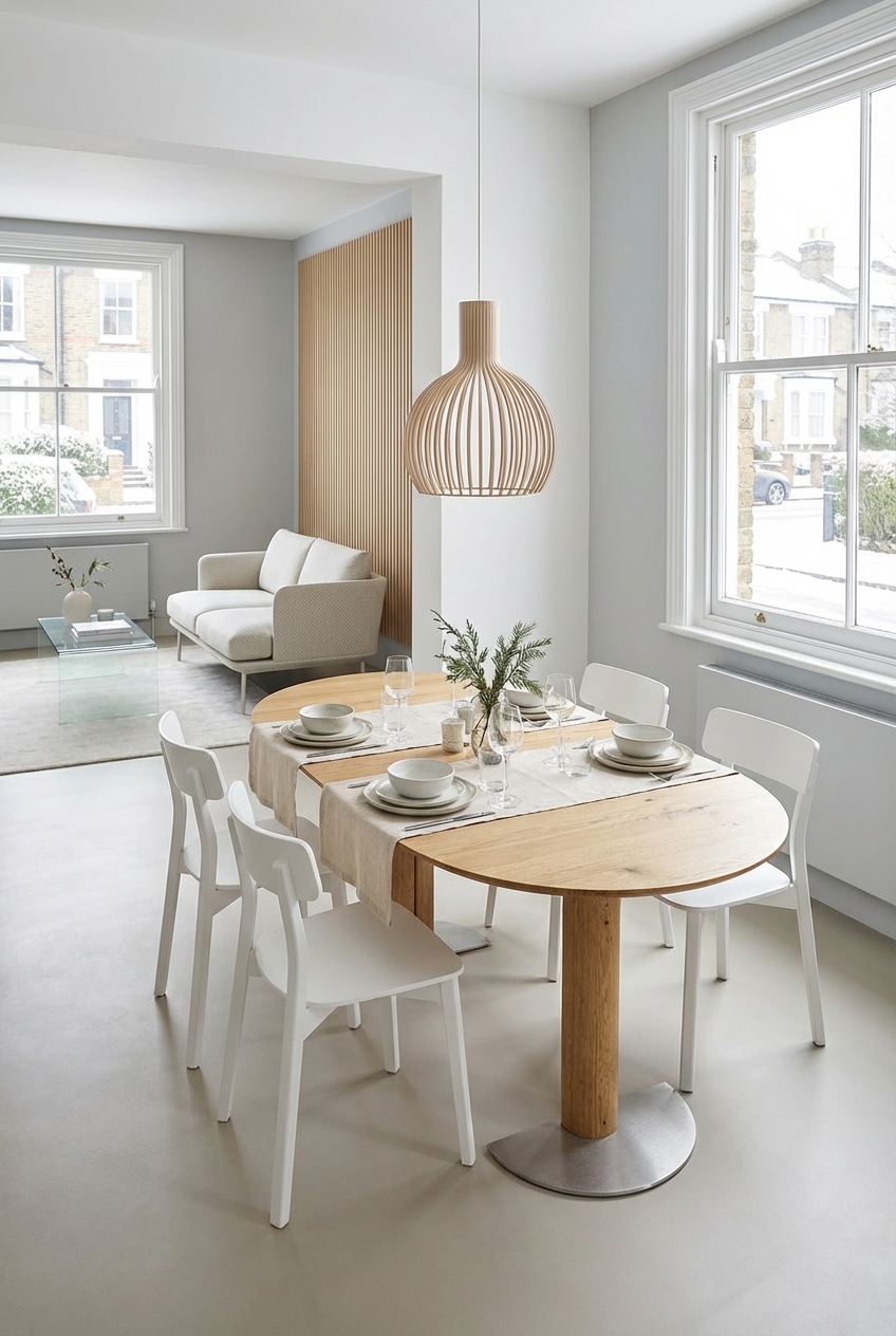 Vertikale Holzlamellen gliedern den Wohn- und Essbereich und schaffen eine harmonische Atmosphäre mit dem ovalen Esstisch Sala aus Eiche
