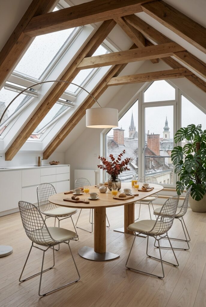 Ovaler Esstisch Sala aus Eiche mit Drahtstühlen und einer Bogenleuchte vor einer hohen Fensterfront.