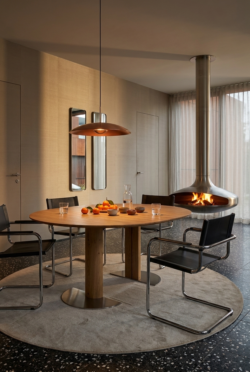 Ovaler Esstisch Sala aus Eiche neben einem freihängenden Metallkamin
