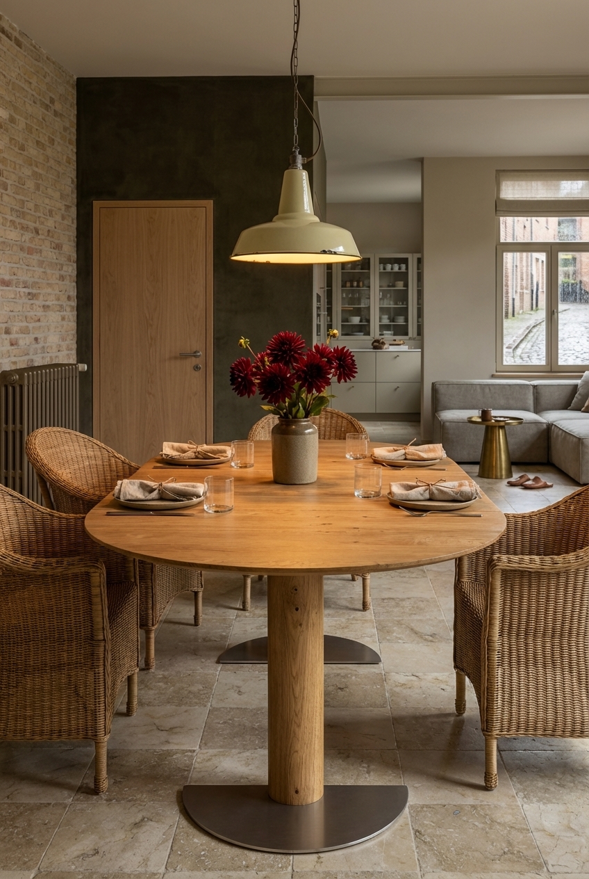 Essbereich mit großformatigen Natursteinplatten und ovalem Eiche-Tisch Sala