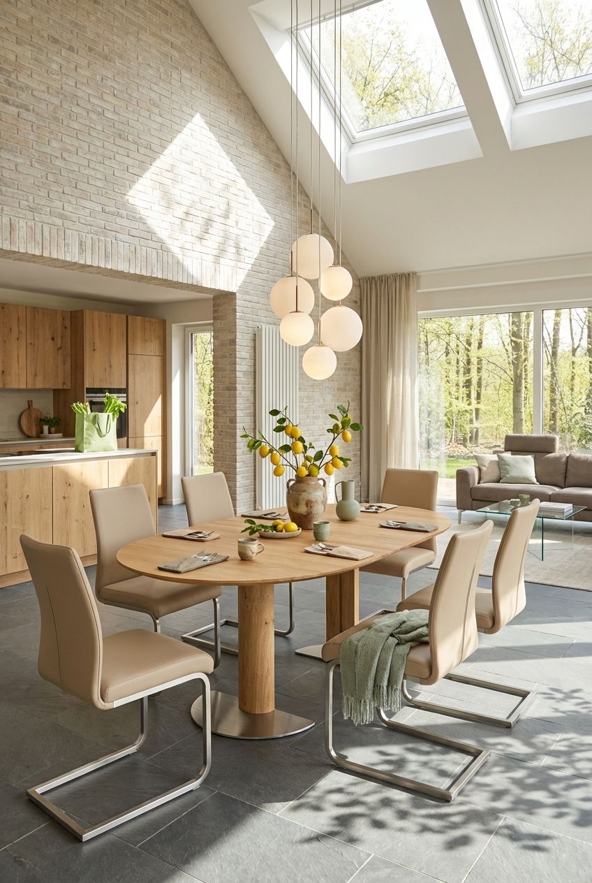 Esszimmer mit hellen Steinwänden und dem ovalen Esstisch Sala aus Eiche