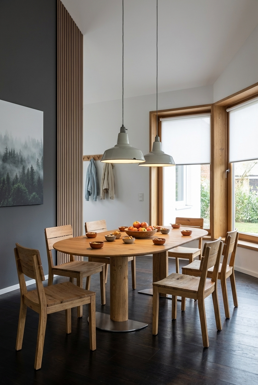 Dunkler Boden verstärkt die Wirkung heller Holzpaneele und des ovalen Esstischs Sala aus Eiche