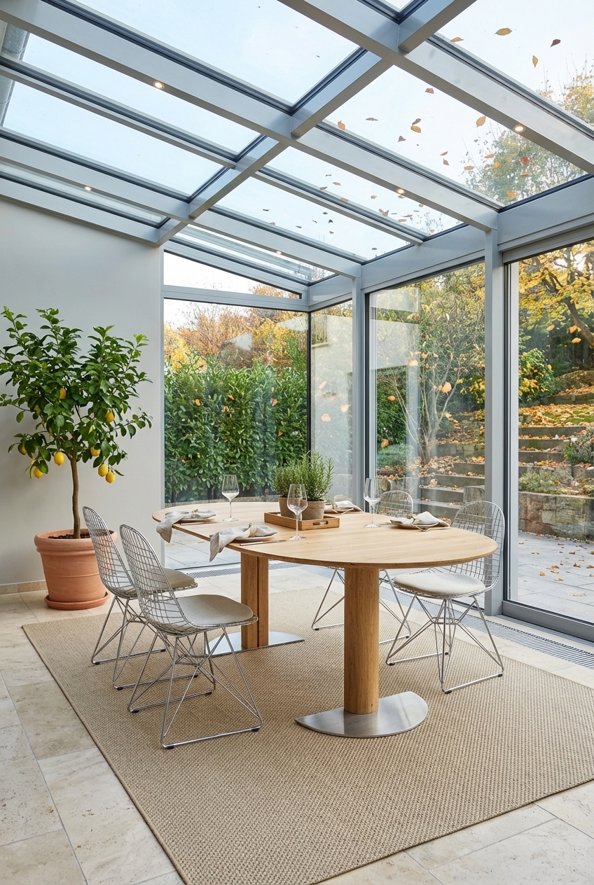 Filigrane Stühle aus Drahtgestell umrahmen den massiven ovalen Esstisch Sala aus Eiche