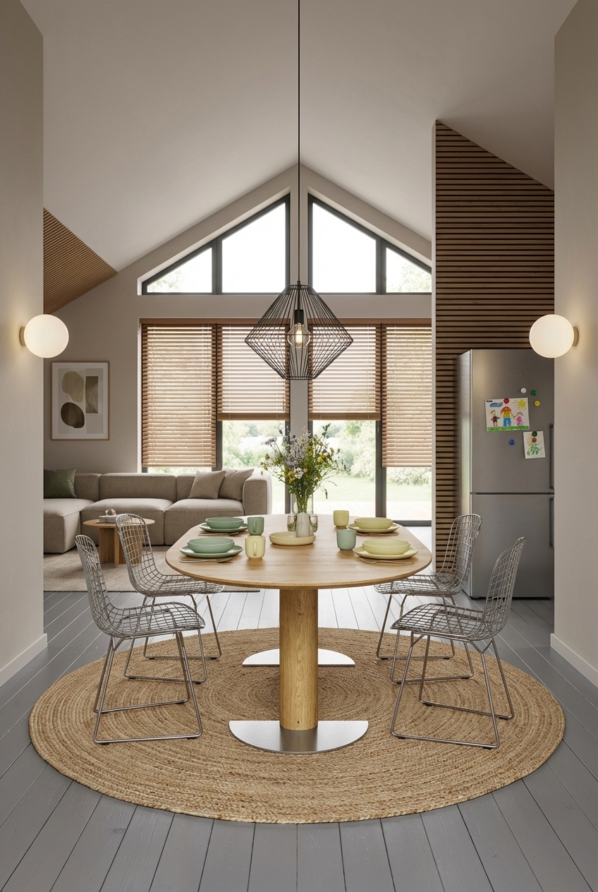 Esszimmer mit Drahtstühlen und Holzpaneelen, ovalem Eiche-Esstisch Sala