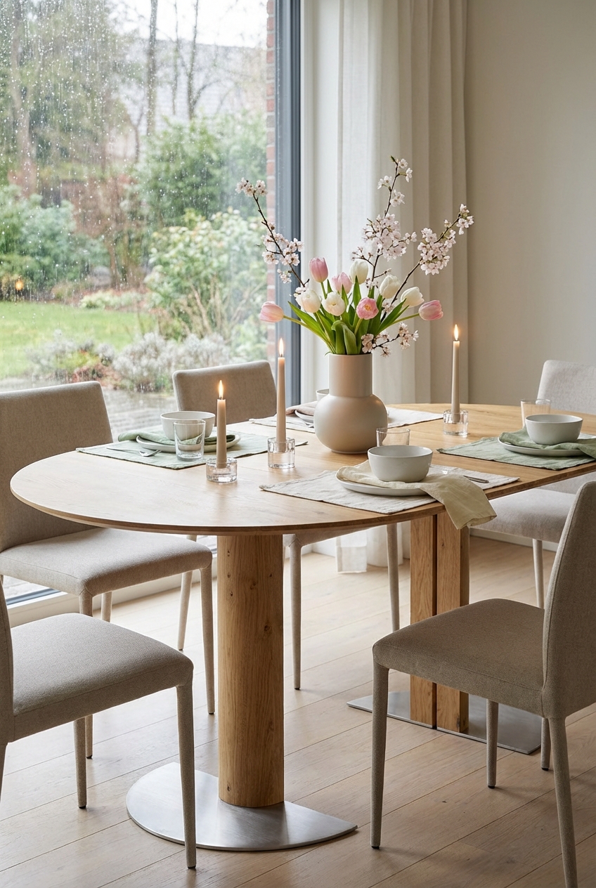 Schlanke Stabkerzen zwischen Tellern schaffen ein sanftes, einladendes Licht auf dem Esstisch oval Sala aus Eiche
