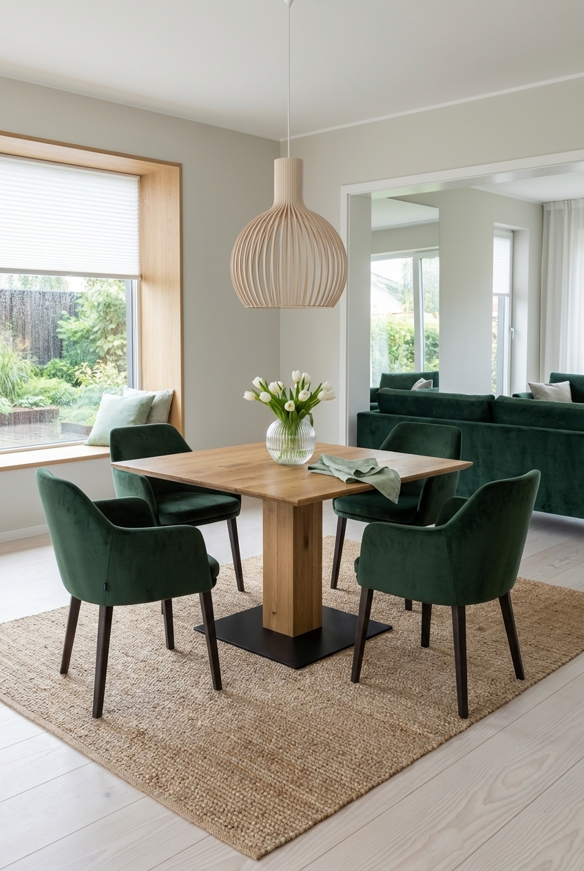 Essplatz mit quadratischem Esstisch Sala aus Wildeiche vor einem Fenster mit Gartenblick