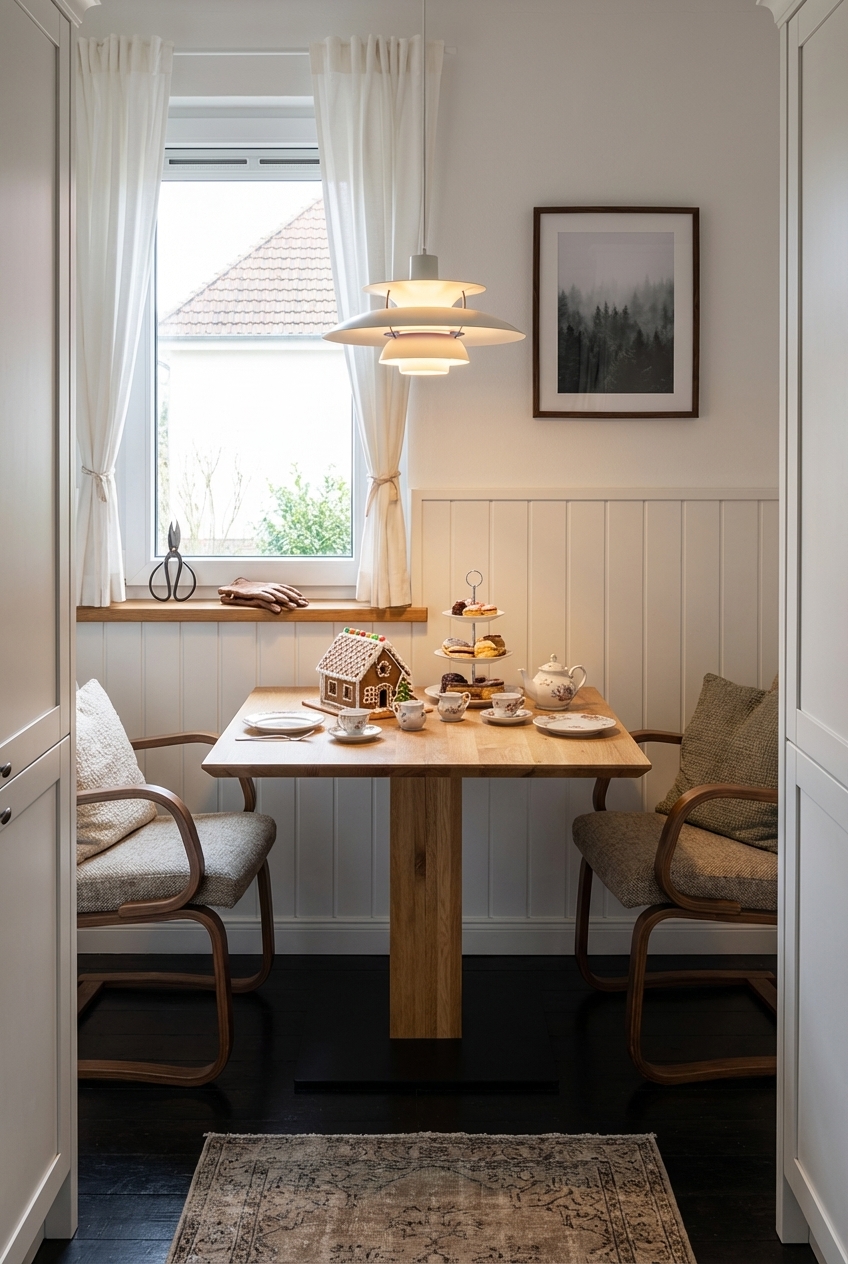 Essbereich mit halbhoher Holzverkleidung und quadratischem Esstisch aus Wildeiche