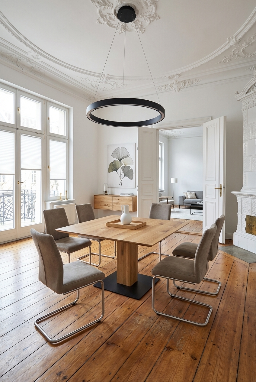 Esszimmer mit quadratischem Esstisch Sala aus Wildeiche und Freischwinger-Stühlen.