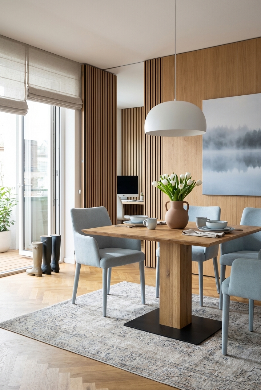 Gegliederte Holzpaneele erzeugen eine lebendige Wandgestaltung, ergänzt durch den quadratischen Esstisch Sala aus Wildeiche.