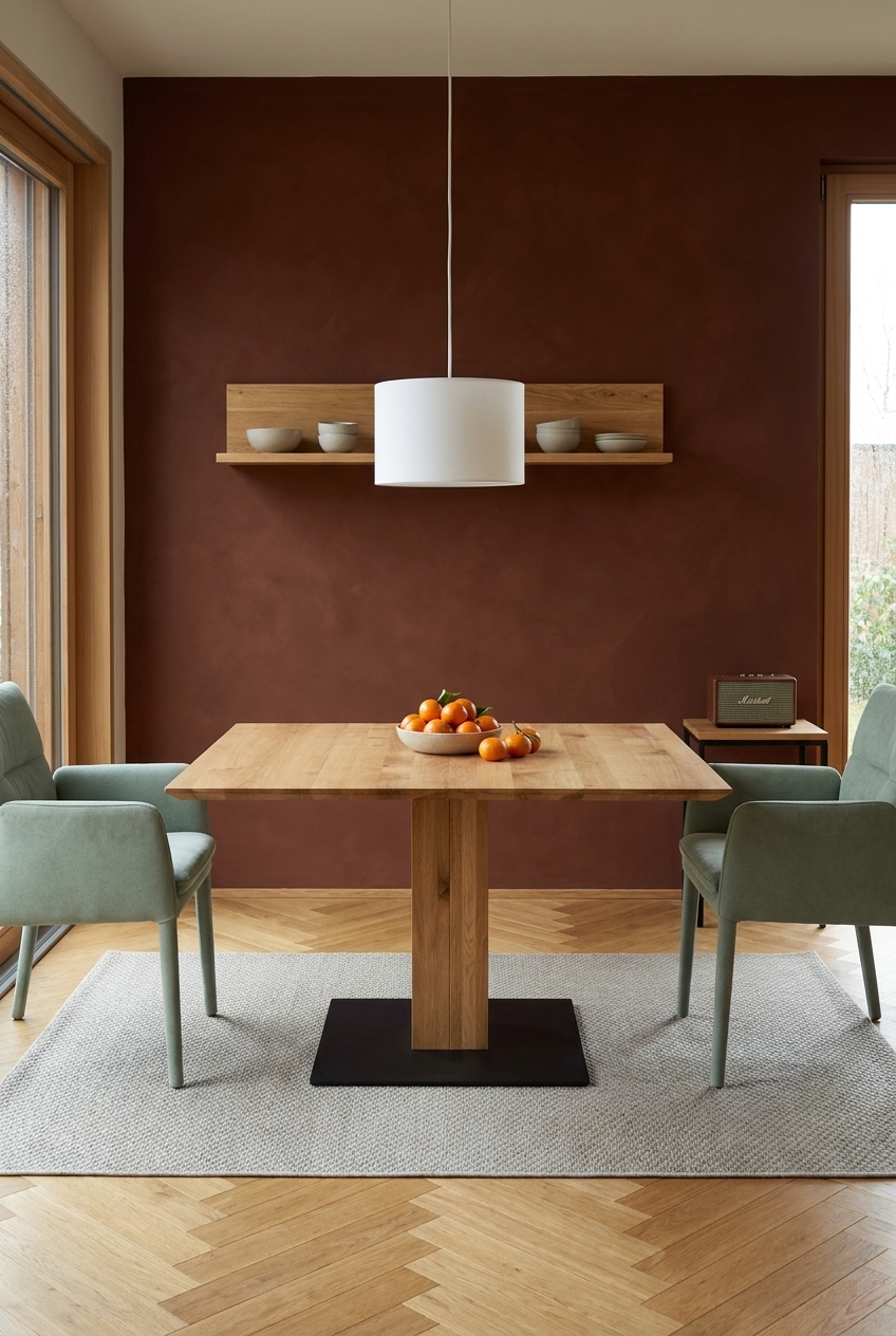 Ein quadratischer Esstisch aus Wildeiche mit orangefarbenen Akzentobjekten in einem Esszimmer