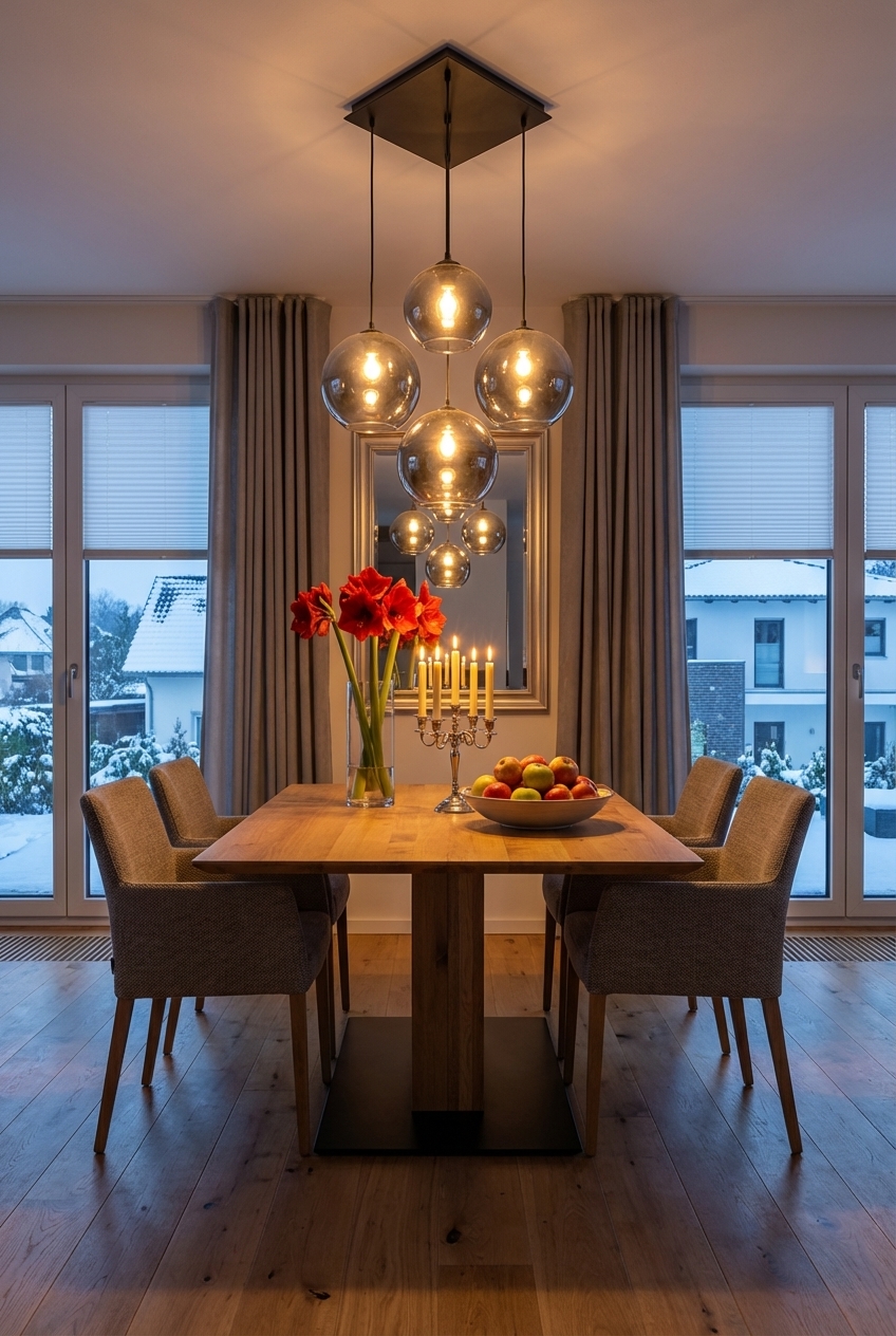 Pendelleuchten mit buntem Glas erzeugen sanfte Farbtöne auf dem Quadrat-Tisch Sala aus Wildeiche