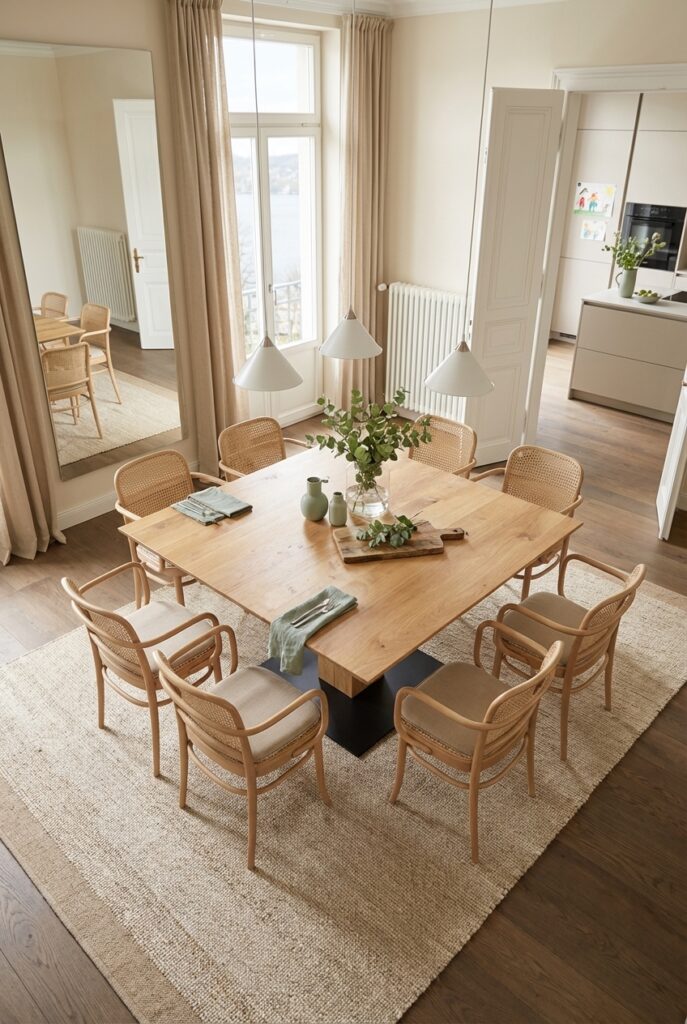 Beige Vorhänge rahmen hohe Fenster und betonen den Esstisch aus Wildeiche