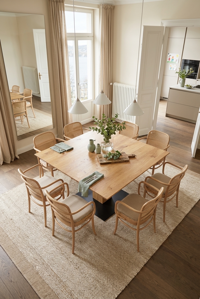 Beige Vorhänge rahmen hohe Fenster und betonen den Esstisch aus Wildeiche