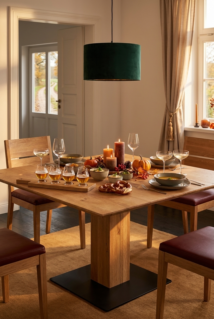 Vier Biergläser, Brezel, Suppenschalen und Kerzen auf quadratischem Esstisch Sala